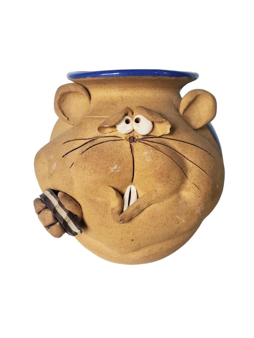 Artisan Quirky Ceramic Mouse Art Pottery Vase Blue Round Cookie Jar Oreo Unique